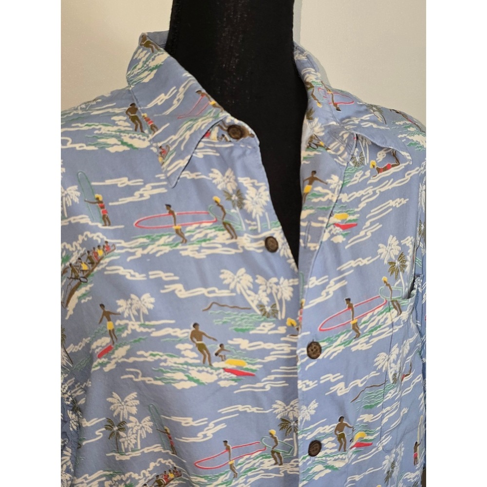 Reyn Spooner Men Hawaiian Shirt Surf Scene Rayon Blue Surfer Print XL Waikiki